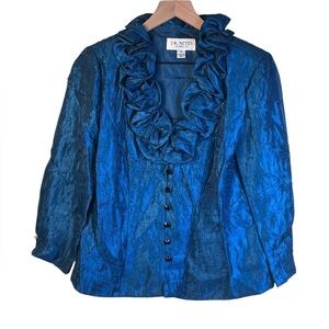 J.R. Nites by Carol Lin Metallic Blue Ruffled Iridescent Evening Jacket Size 10